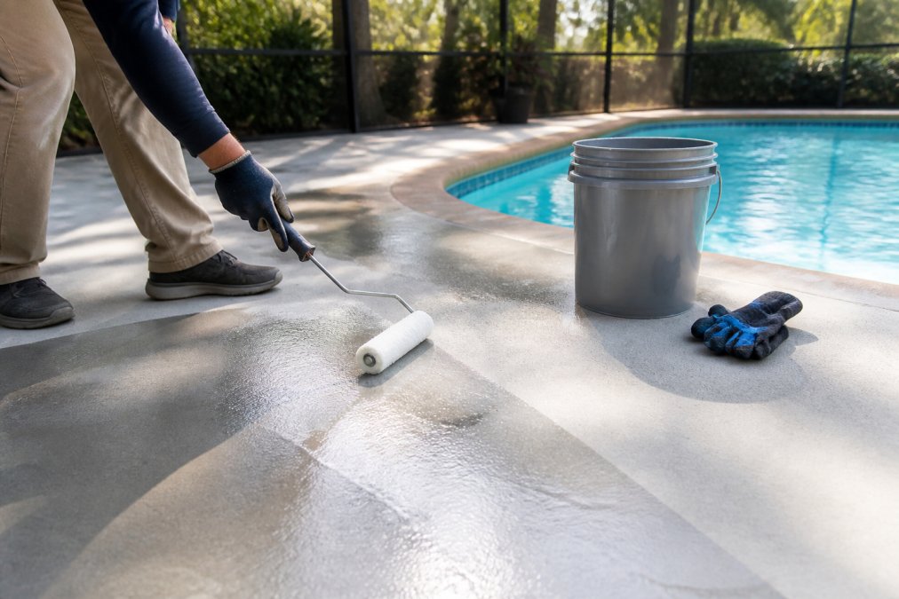 Close-up of a professional contractor using a paint roller to apply a clear non-slip sealer to a concrete pool deck, with a bucket of coating and protective gloves visible on the sun-lit deck nearby