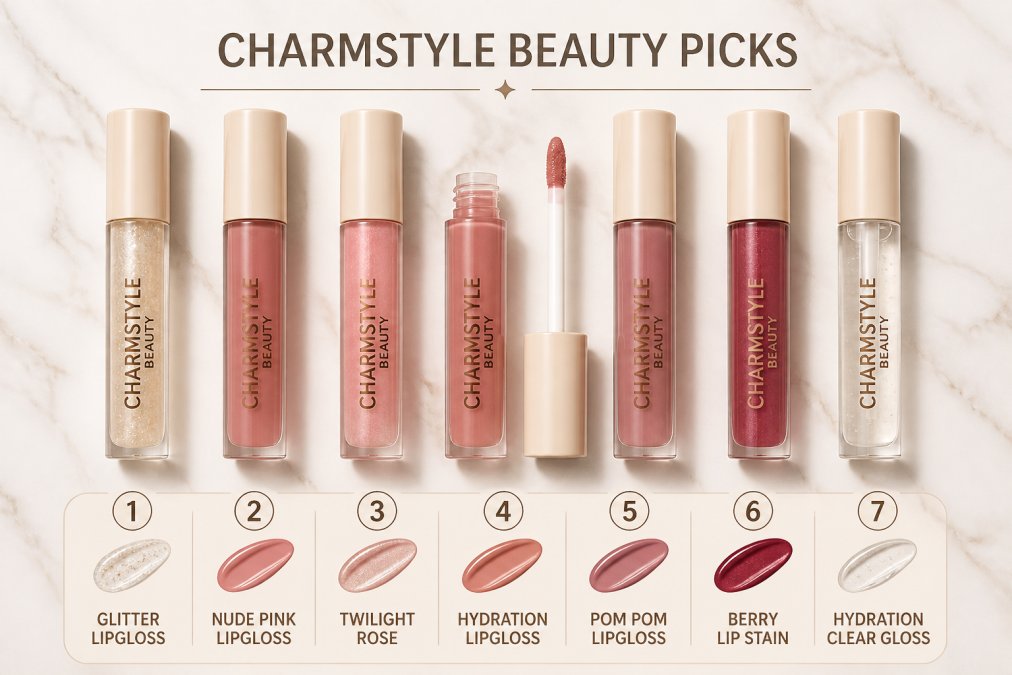 Flat lay of seven Charmstyle Beauty lip gloss tubes arranged on a clean white marble surface, one tube open showing a glossy applicator wand, soft natural lighting highlighting the high-shine finish on each tube