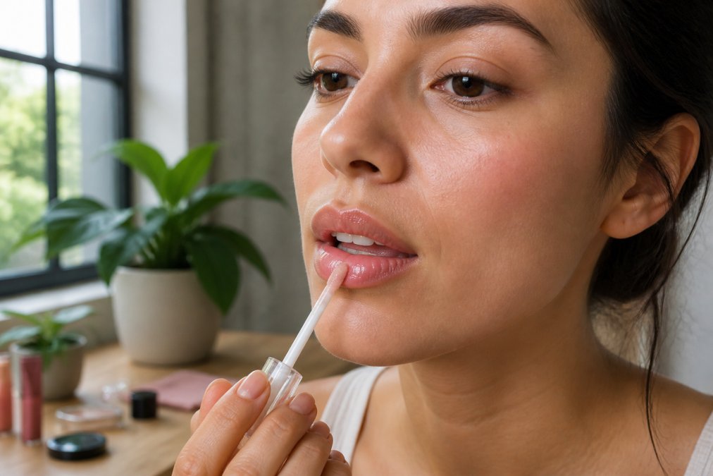 Close-up of a woman applying clear lip gloss with a wand applicator, lips slightly parted, natural daylight streaming from a window, clean minimal makeup look, sharp focus on the glossy sheen across the lips