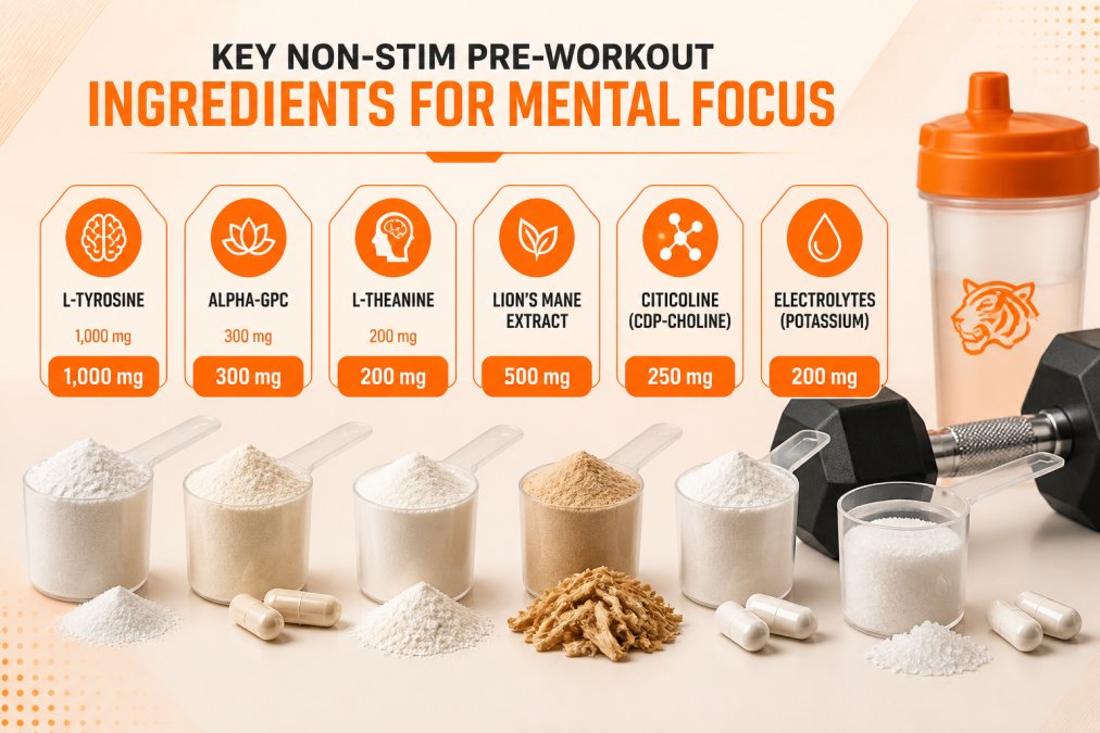 Professional illustration showing best non-stimulant pre-workout for focus