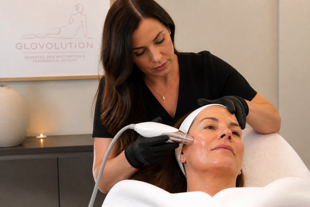 Professional demonstrating non-surgical skin tightening treatment technique on woman's face in modern clinical setting with warm natural lighting