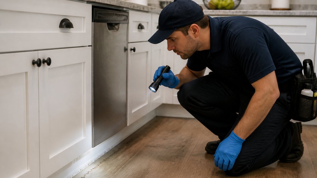 A pest control technician in a branded uniform kneeling beside a kitchen baseboard, inspecting a faint ant trail with a flashlight, clean countertops visible behind him