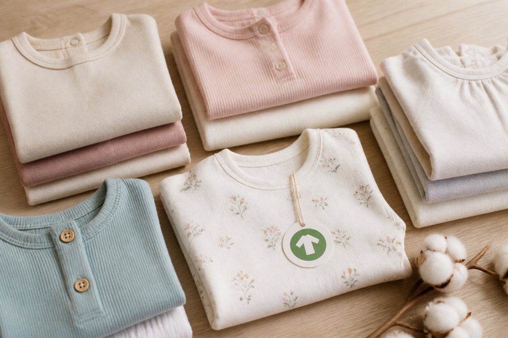 Professional illustration showing Flat, GOTS for non toxic kids clothing