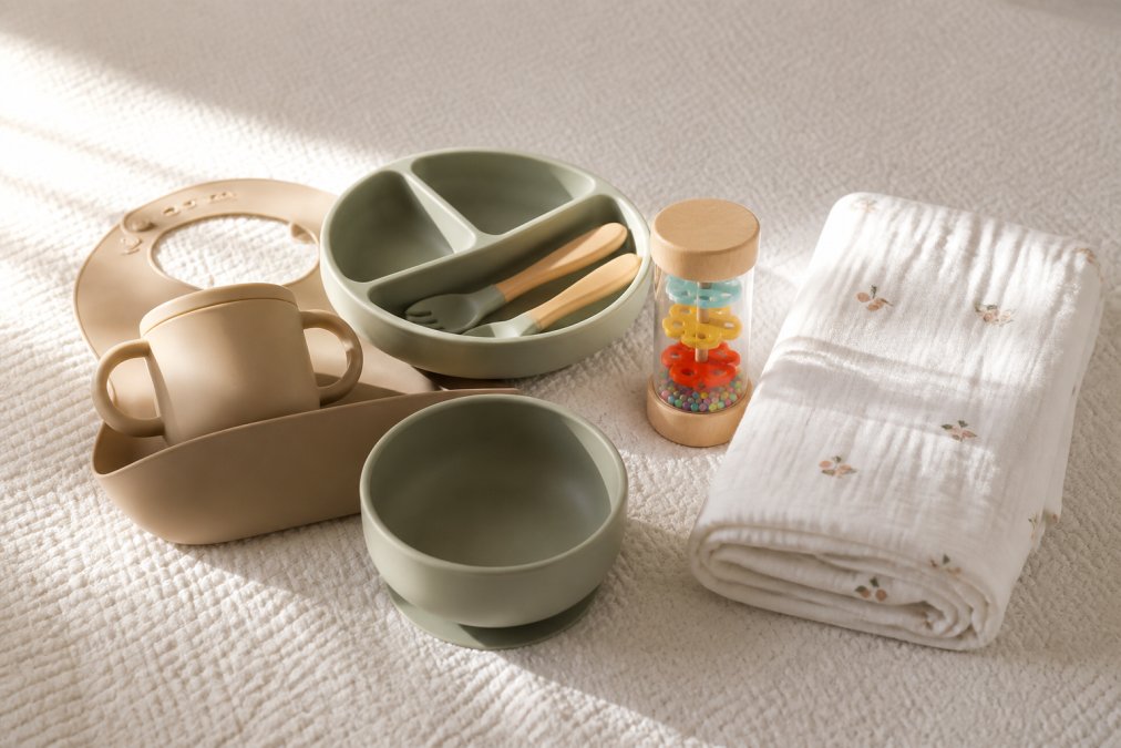 Flat lay of baby-safe silicone feeding sets in muted earth tones, a small natural wooden rain sound toy, and a neatly folded white muslin swaddle blanket arranged on a soft white textured surface with warm natural light streaming from the left