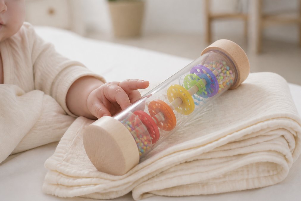 Close-up of a newborn's tiny fingers resting against the smooth surface of a natural wooden rain sound toy placed on a folded organic cotton muslin blanket in a bright, minimal nursery with soft white walls and gentle morning light