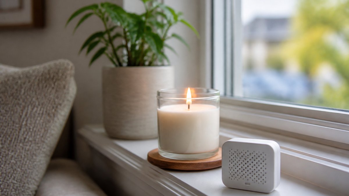 A living room windowsill with a lit candle beside a small air quality monitor, soft daylight coming through the window, no people visible