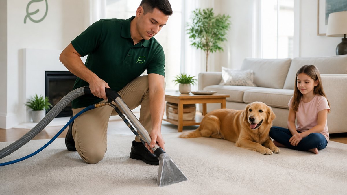 A professional carpet cleaning technician using hot water extraction equipment in a bright, modern living room, with a child and a dog watching from a safe distance