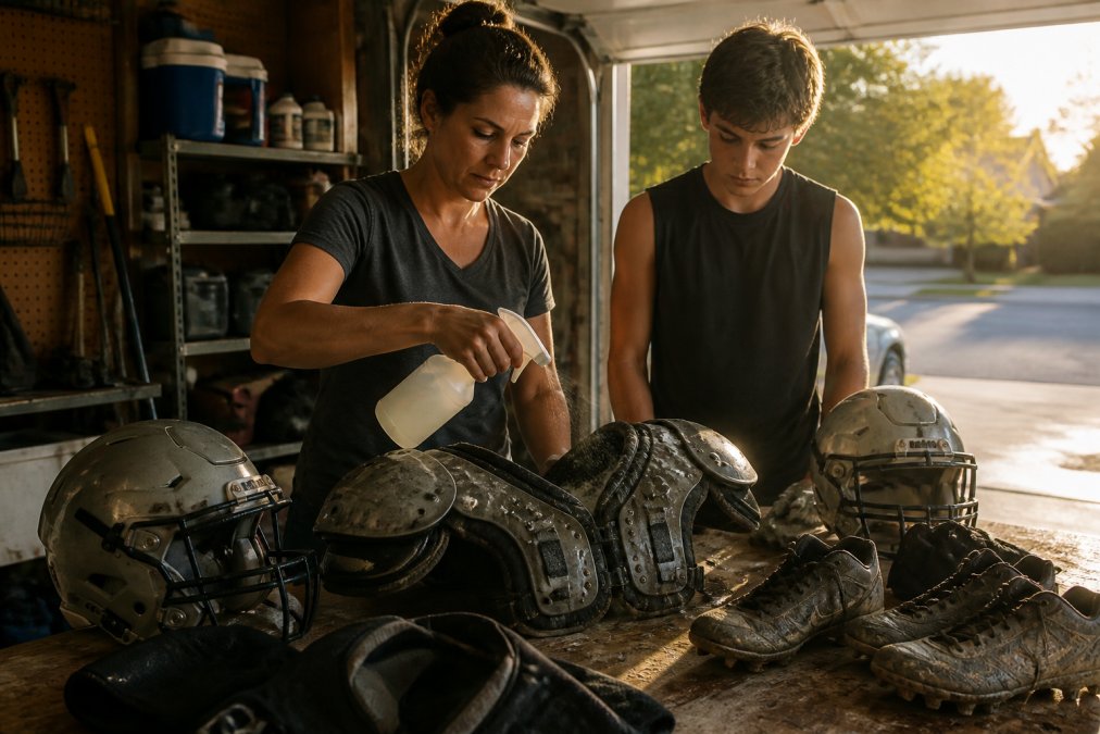 Parent and teenage athlete using a non-toxic cleaner to sanitize football gear on a garage workbench