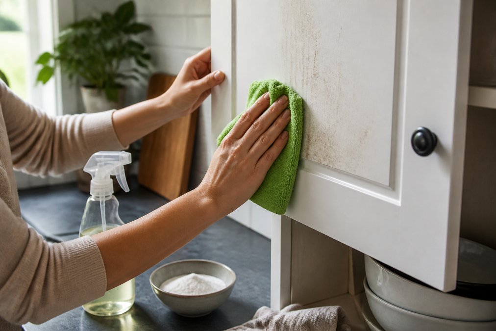 Hands wiping grease off a white kitchen cabinet using non-toxic cleaners and a microfiber cloth.
