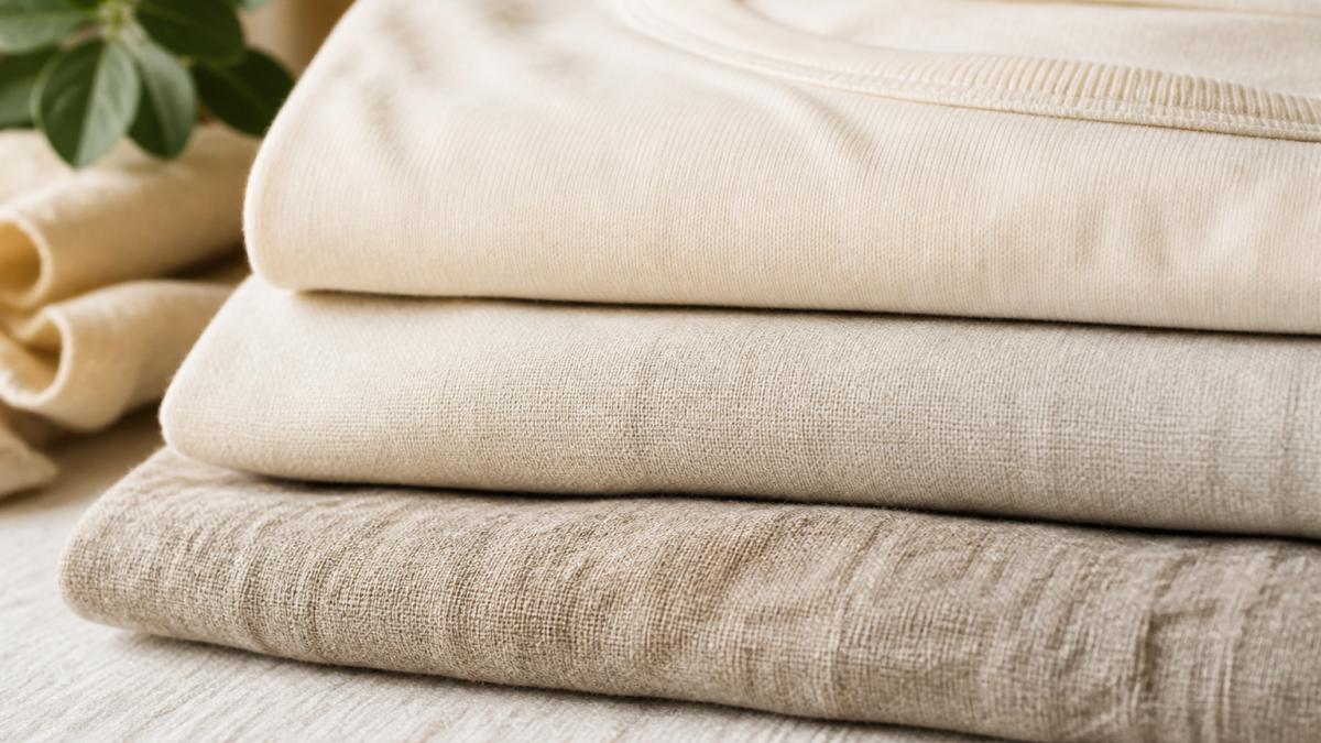 Close-up of folded organic cotton, hemp, and linen garments in natural cream and neutral tones, showing fine fabric texture and weave detail with natural morning light