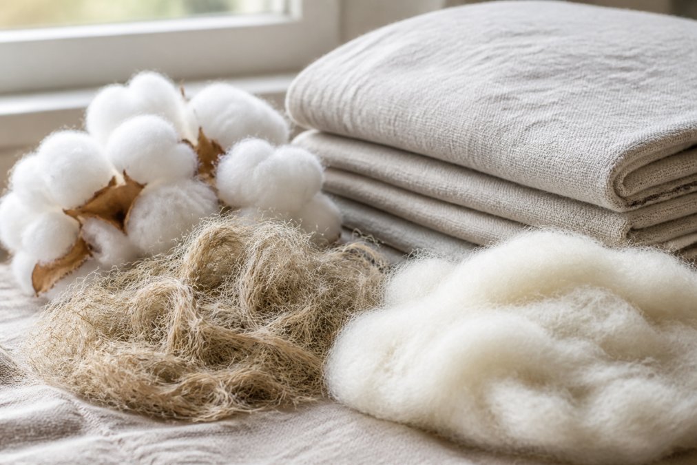 Close-up of natural dog bed materials including organic cotton fibers, hemp fabric, and wool batting arranged on a neutral linen surface with soft natural window lighting