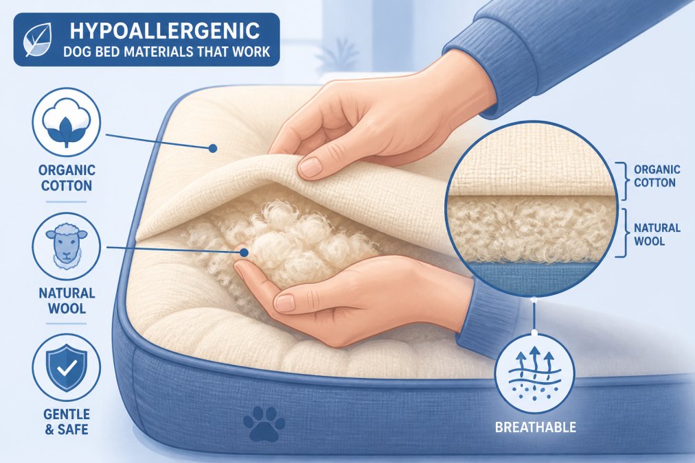 Person's hands gently touching and examining a natural dog bed made of organic cotton and wool fibers in natural daylight, showing the texture and quality of materials