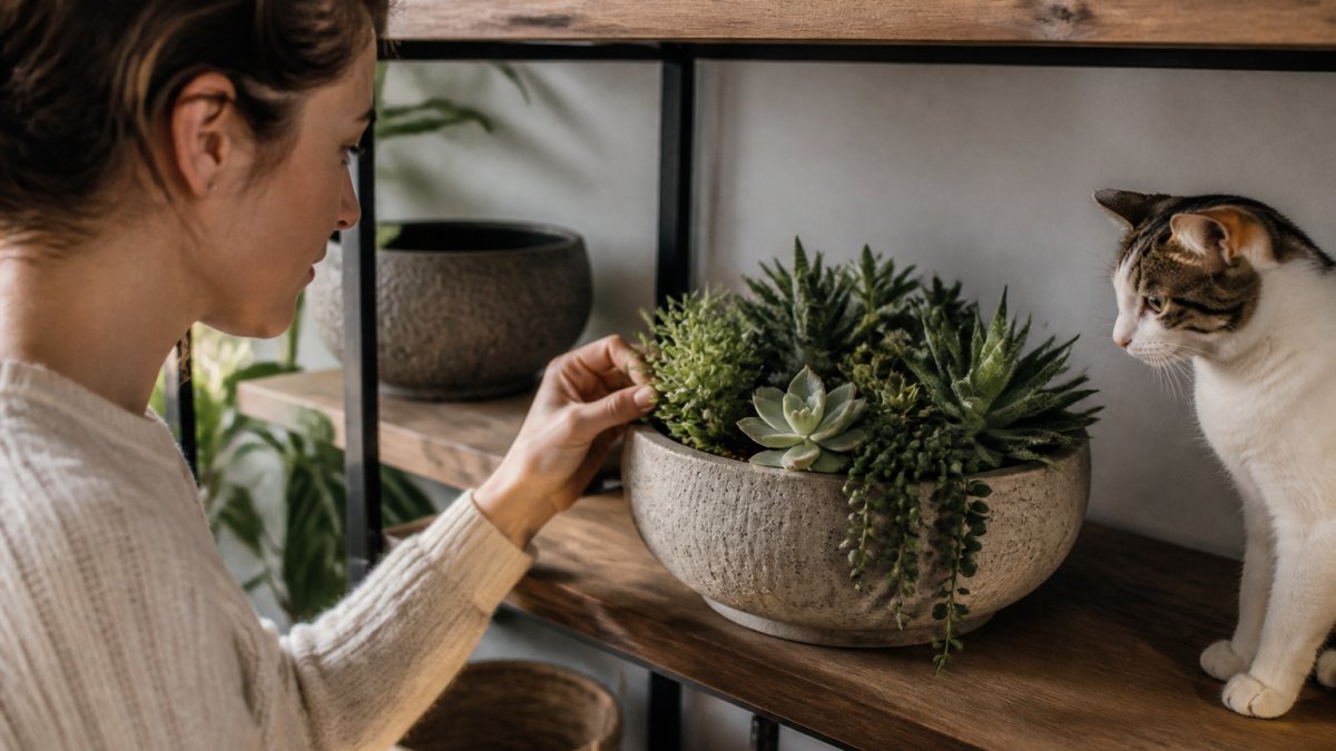Close-up of a realistic faux succulent arrangement in a handcrafted cement pot on a wooden shelf, with soft natural light highlighting the texture and detail of the leaves