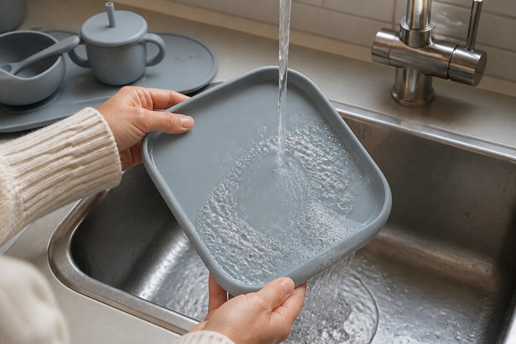 Close-up of hands rinsing a silicone plate under warm running water in a kitchen sink, with soap bubbles visible