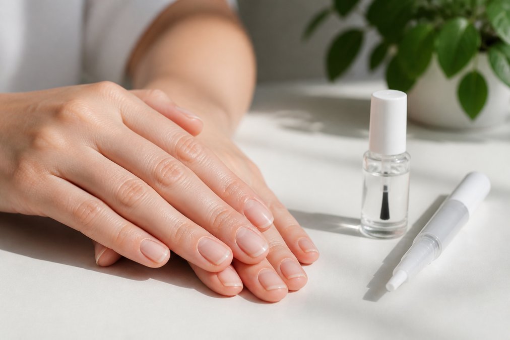 Close-up of hands displaying healthy, well-maintained nails next to NIXXIT brush-on bottle and portable pen on a clean white surface with natural morning lighting