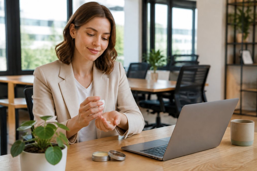 Professional applying a subtle, non-toxic perfume to their wrist at a bright, tidy office desk.