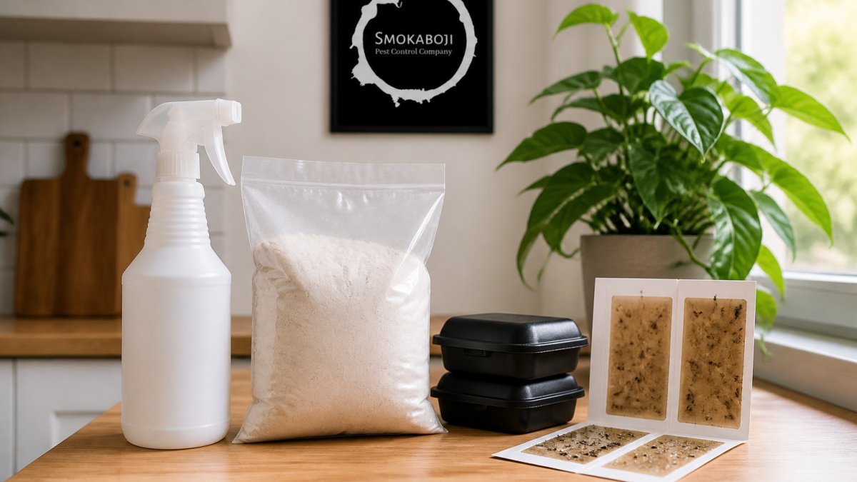 A collection of non-toxic pest control products on a wooden kitchen counter, including a spray bottle, a bag of diatomaceous earth, and sticky traps, with a houseplant in the background