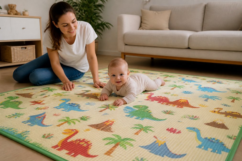 A baby lying on a colourful dinosaur-themed playmat in a bright living room, with a parent sitting nearby on the floor, smiling and watching
