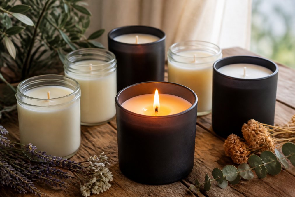 A collection of hand-poured scented candles in frosted black and clear glass jars arranged on a rustic wooden table with soft natural light, a lit candle in the foreground showing a clean even burn pool