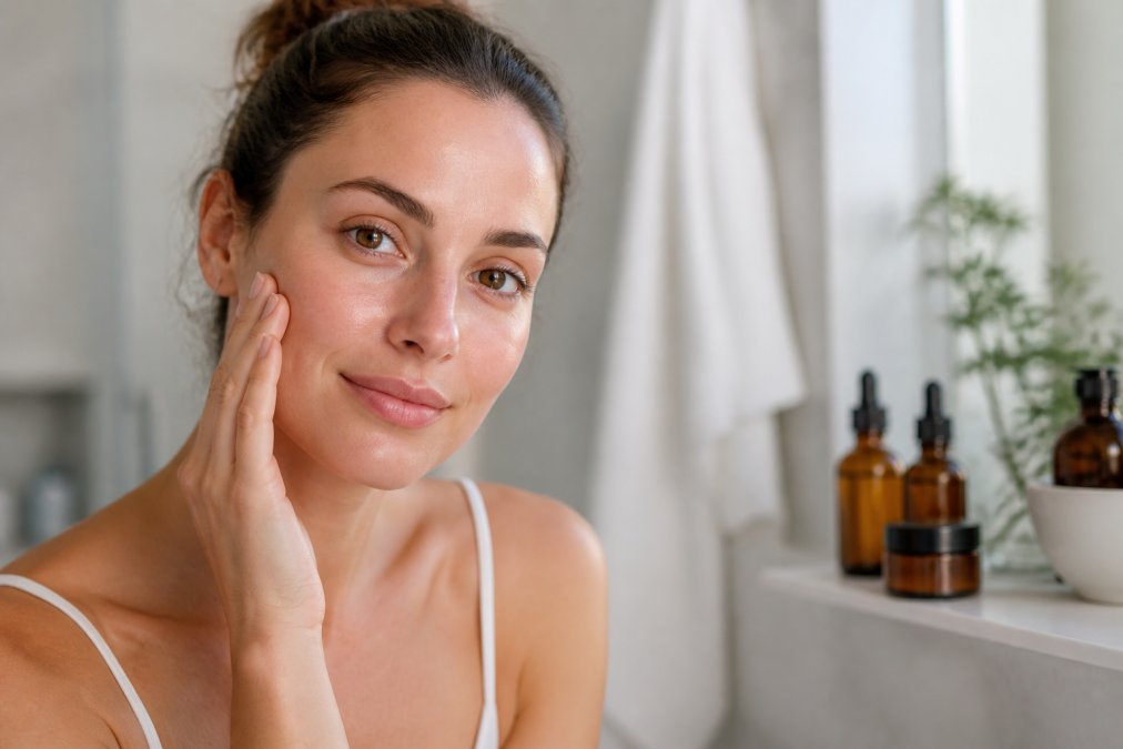 Woman with calm, clear skin using non-toxic skincare in a bright, minimalist bathroom setting