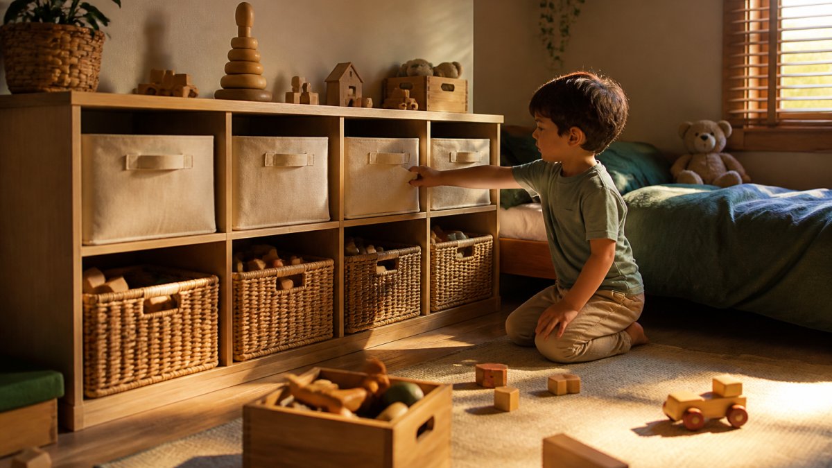 Child reaching for a toy in a woven basket on a wooden cubby shelf in a sunlit bedroom