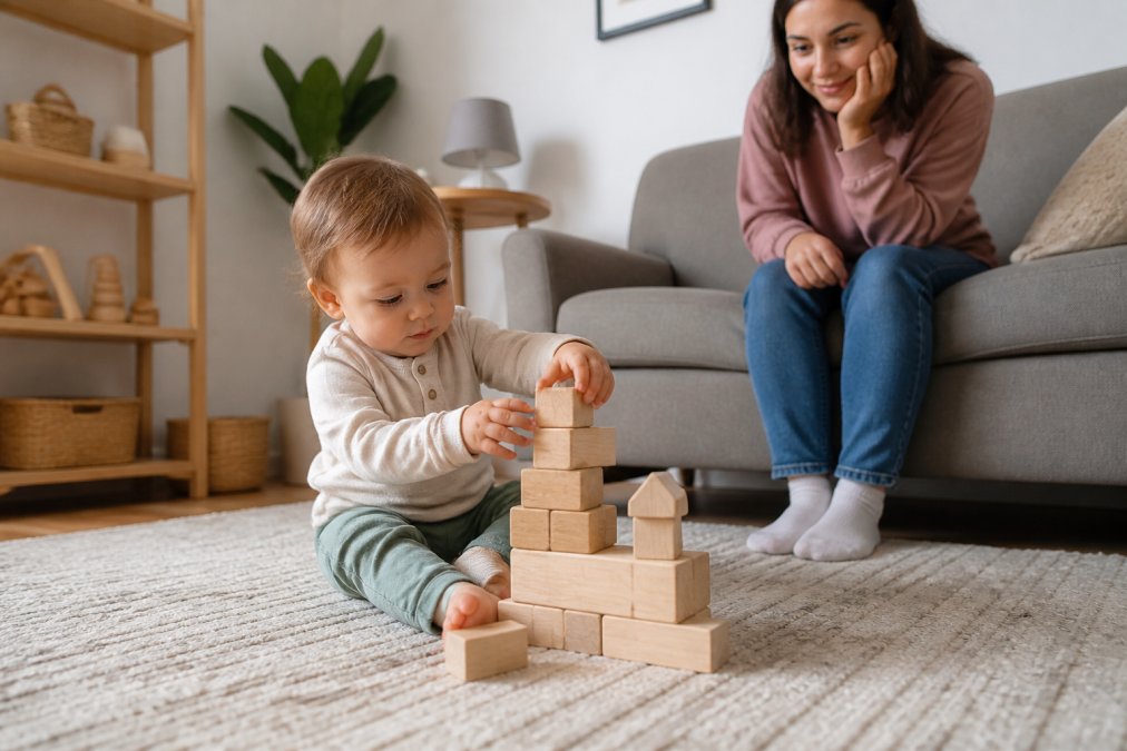 Toddler stacking the best non toxic wooden baby toys on a living room rug while a parent watches nearby.