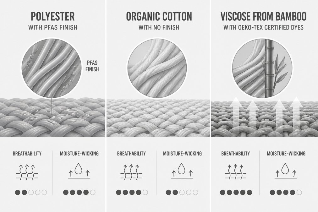 Comparison chart of fabric types used in non toxic workout shirts showing breathability and moisture-wicking levels.