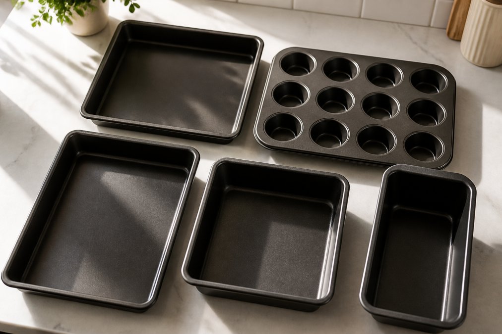Flat-lay overhead shot of several dark nonstick baking pans and a 12-cup muffin tin arranged neatly on a clean white kitchen countertop, natural light streaming from the left highlighting the matte nonstick surfaces and rimmed edges