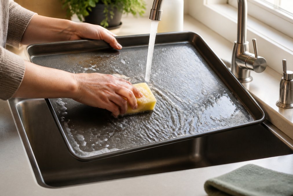 Close-up of a person's hands gently washing a dark nonstick baking sheet with a soft yellow sponge under warm running water at a stainless steel kitchen sink, soap suds visible on the pan surface, warm natural light from a nearby window
