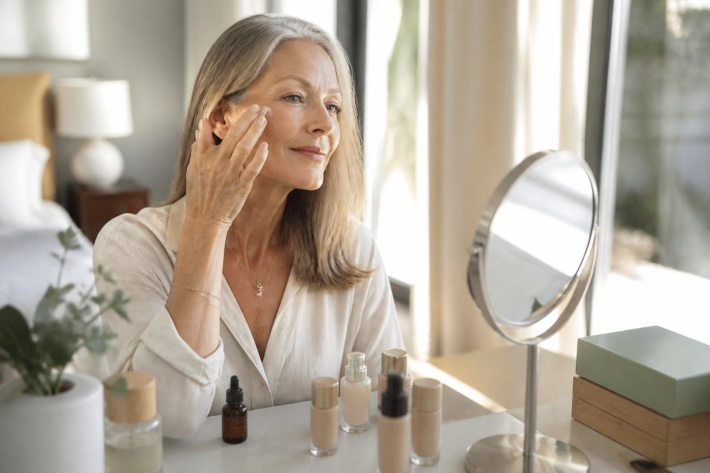 Woman in her 50s applying a radiant nontoxic foundation with her fingertips at a sunlit vanity