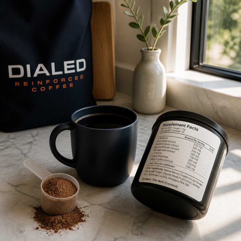 Scoop of coffee powder, mug of black coffee, and a supplement label on a sunny kitchen counter