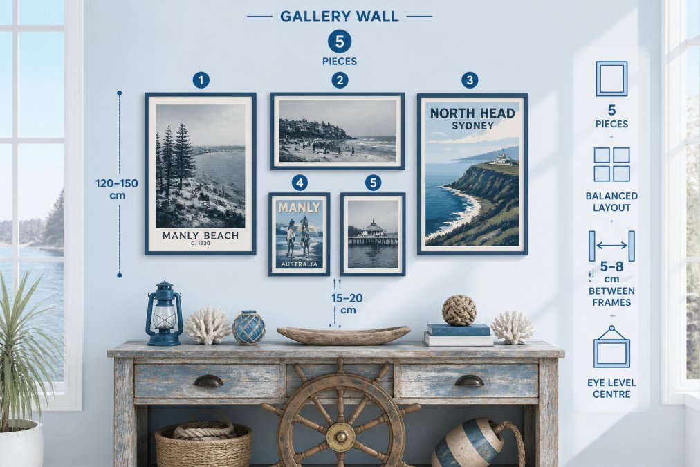 Gallery wall arrangement of five framed vintage coastal photographs and retro travel posters displayed above a weathered timber console table with a ship's wheel and coastal decorative objects, natural light from windows illuminating the artwork and creating subtle shadows