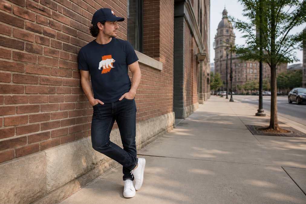 Person wearing an Indiana Bears t-shirt styled casually with dark jeans and white sneakers, standing against an urban brick wall with local Northwest Indiana architecture visible in the background, natural afternoon lighting