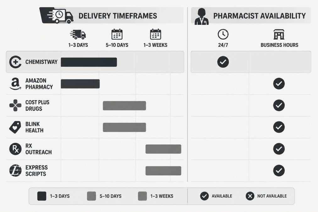 Bar chart comparing delivery timeframes (1-3 days, 5-10 days, 1-3 weeks) and pharmacist availability (24/7 vs business hours) across Chemistway, Amazon Pharmacy, Cost Plus Drugs, Blink Health, Rx Outreach, and Express Scripts