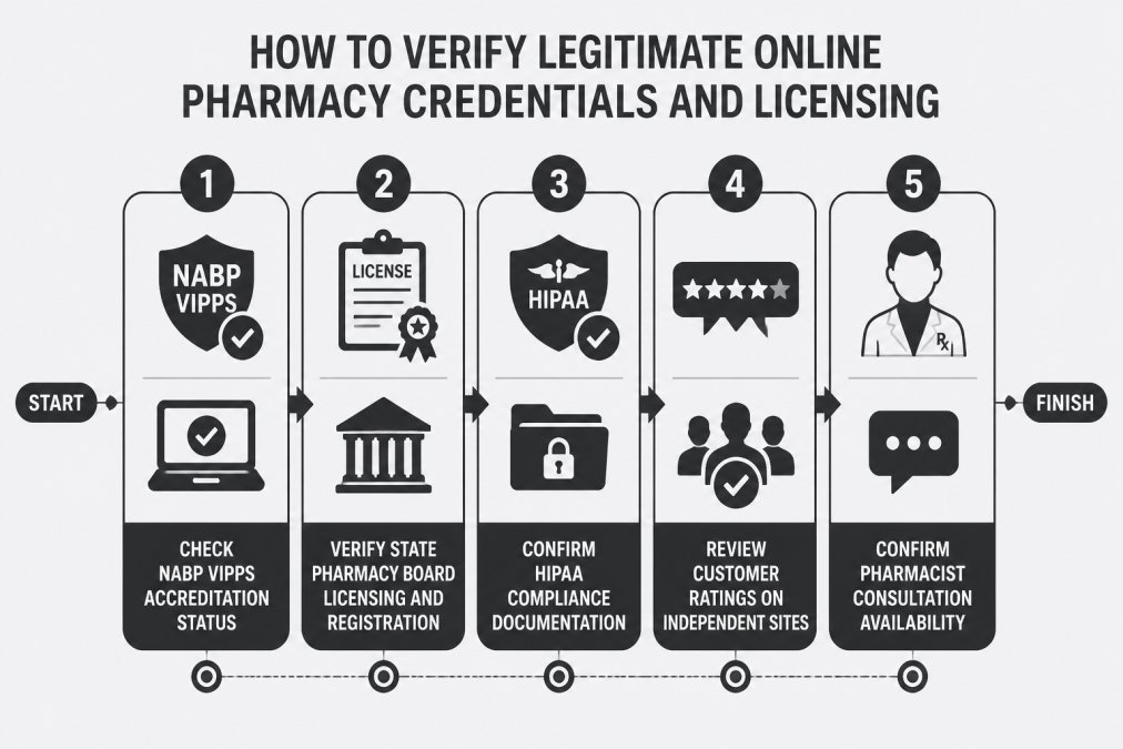 5-step verification flowchart: Step 1 - Check NABP VIPPS accreditation status → Step 2 - Verify state pharmacy board licensing and registration → Step 3 - Confirm HIPAA compliance documentation → Step 4 - Review customer ratings on independent sites → Step 5 - Confirm pharmacist consultation availability