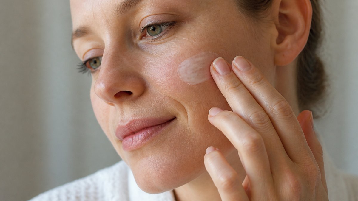 Woman gently applying a rich, textured balm to her cheek to hydrate dry skin in soft natural light