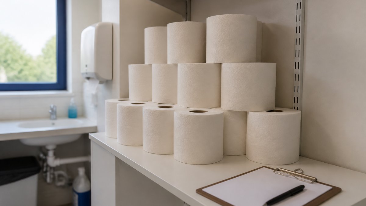 A neat row of white 3-ply toilet rolls stacked on a clean utility room shelf in a small office, with a clipboard and pen resting beside them