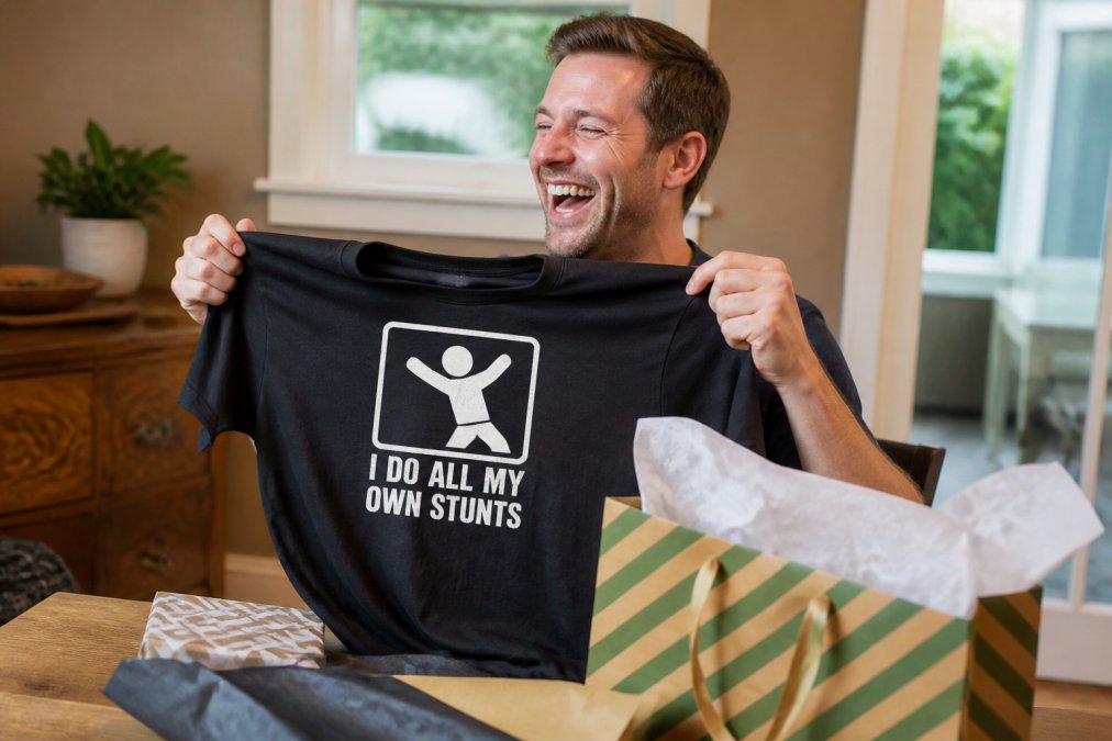 Man laughing while holding up a black novelty t-shirt with a humorous slogan, gift wrapping and tissue paper visible on a wooden table nearby, warm indoor lighting