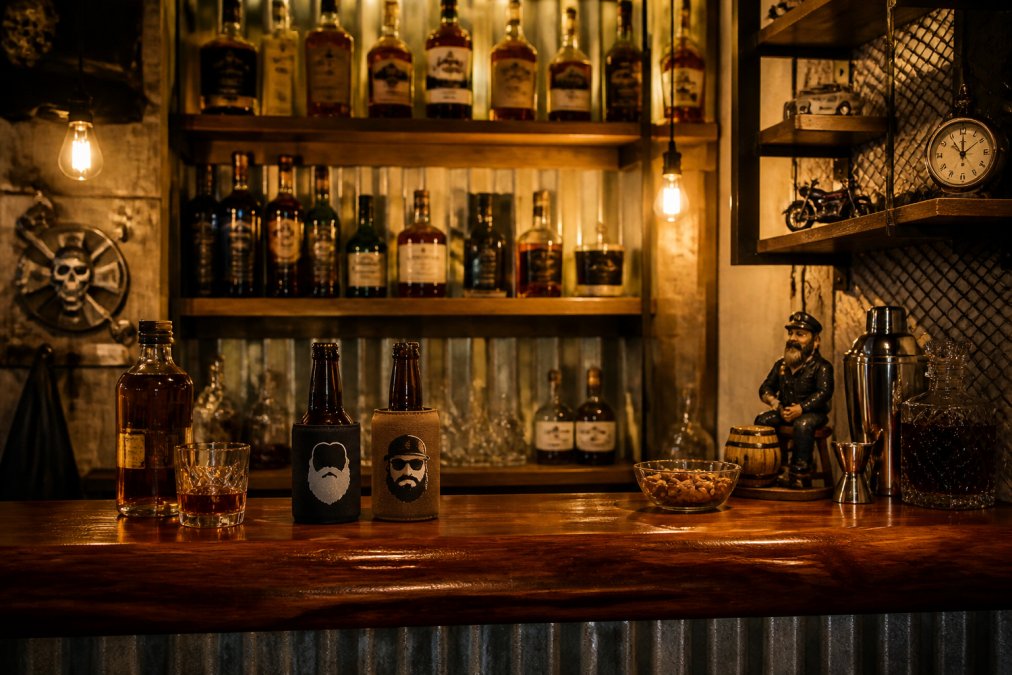 A well-decorated man cave with novelty barware, personalised stubby holders, funny printed signage and quirky collectables arranged on timber shelves and a bar counter, warm amber lighting
