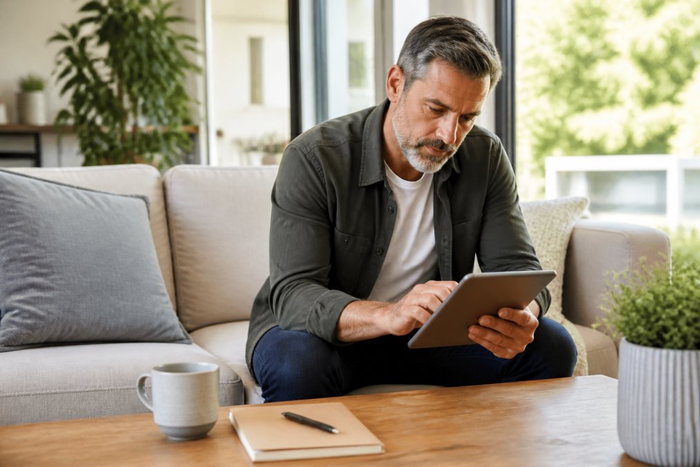 Comparison chart of NoWorryHome alternatives for homeowners reviewing maintenance plans on a tablet in a bright living room.