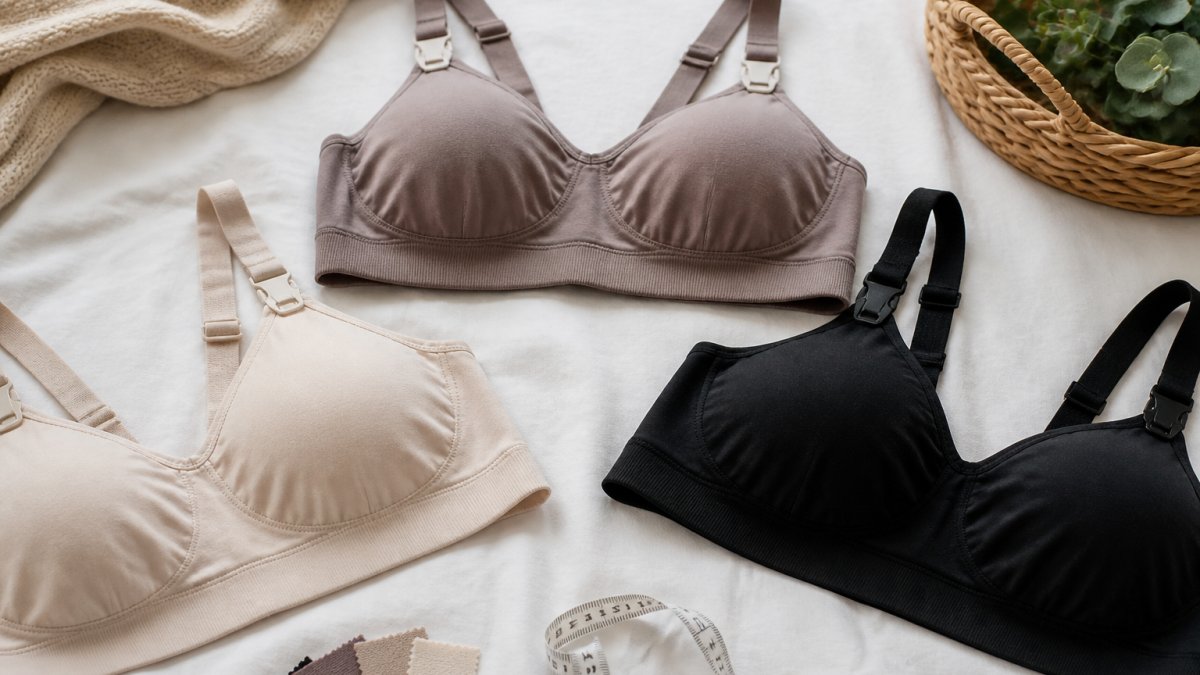 A flat-lay photograph of three nursing bras in neutral tones arranged on a soft white surface, showing wide bands, adjustable straps, and nursing clips, with a measuring tape and small fabric swatches nearby to suggest fit guidance