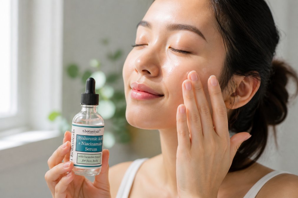 Woman's face receiving professional serum application with fingertips, showing glowing, hydrated skin texture with natural window lighting highlighting skin radiance and moisture