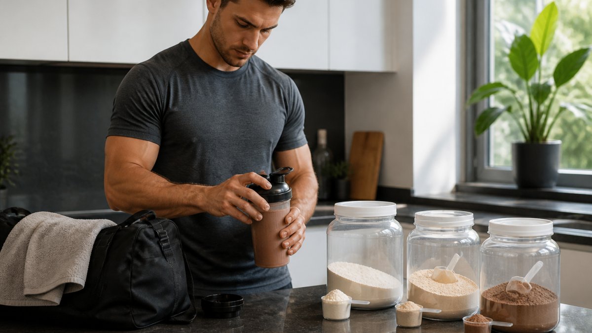 Athletic person mixing a chocolate protein shake in a shaker bottle after a morning workout at home