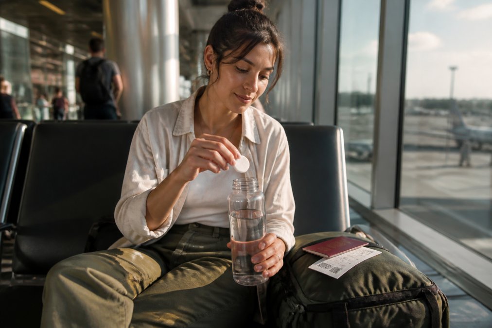 A traveller adding an electrolyte tablet to a reusable water bottle at an airport departure gate.