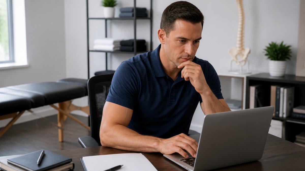 Chiropractor at a desk reviewing software options on a laptop in a bright, modern clinic office with treatment table visible in the background