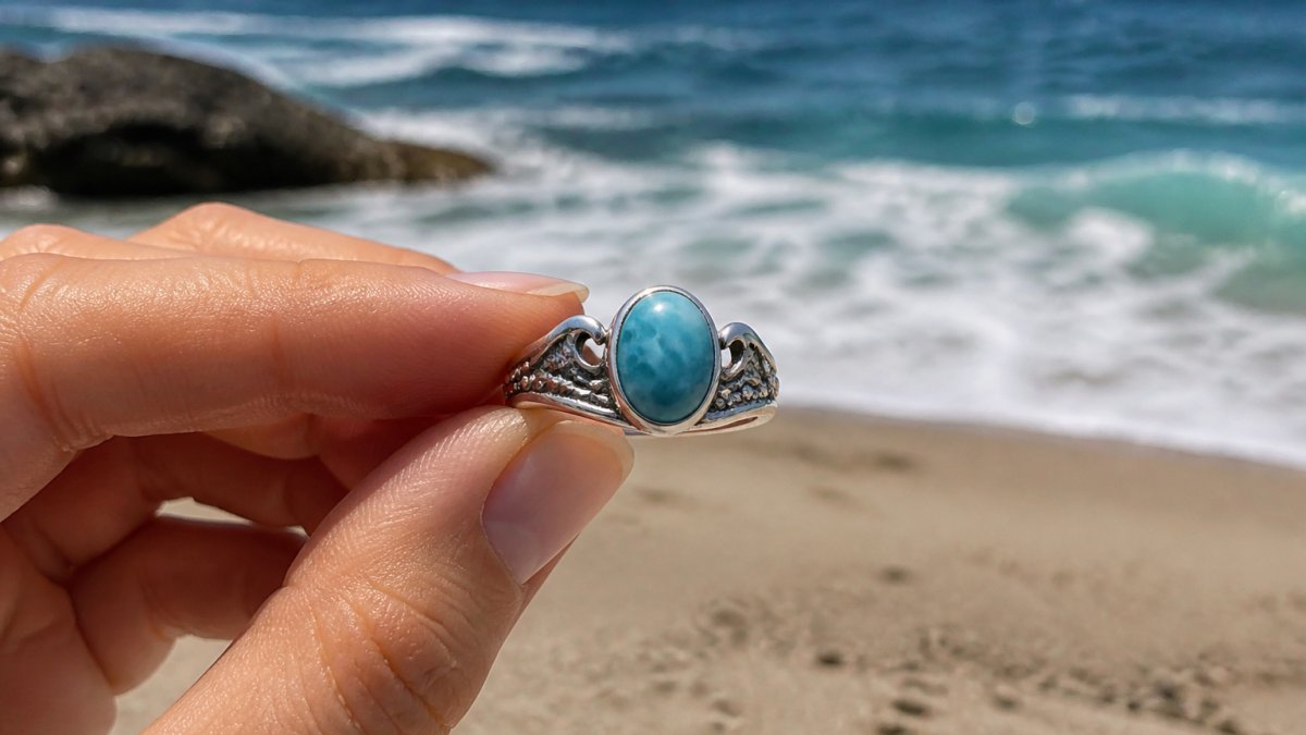 Infographic showing step-by-step cleaning process for handcrafted sterling silver and blue gemstone rings