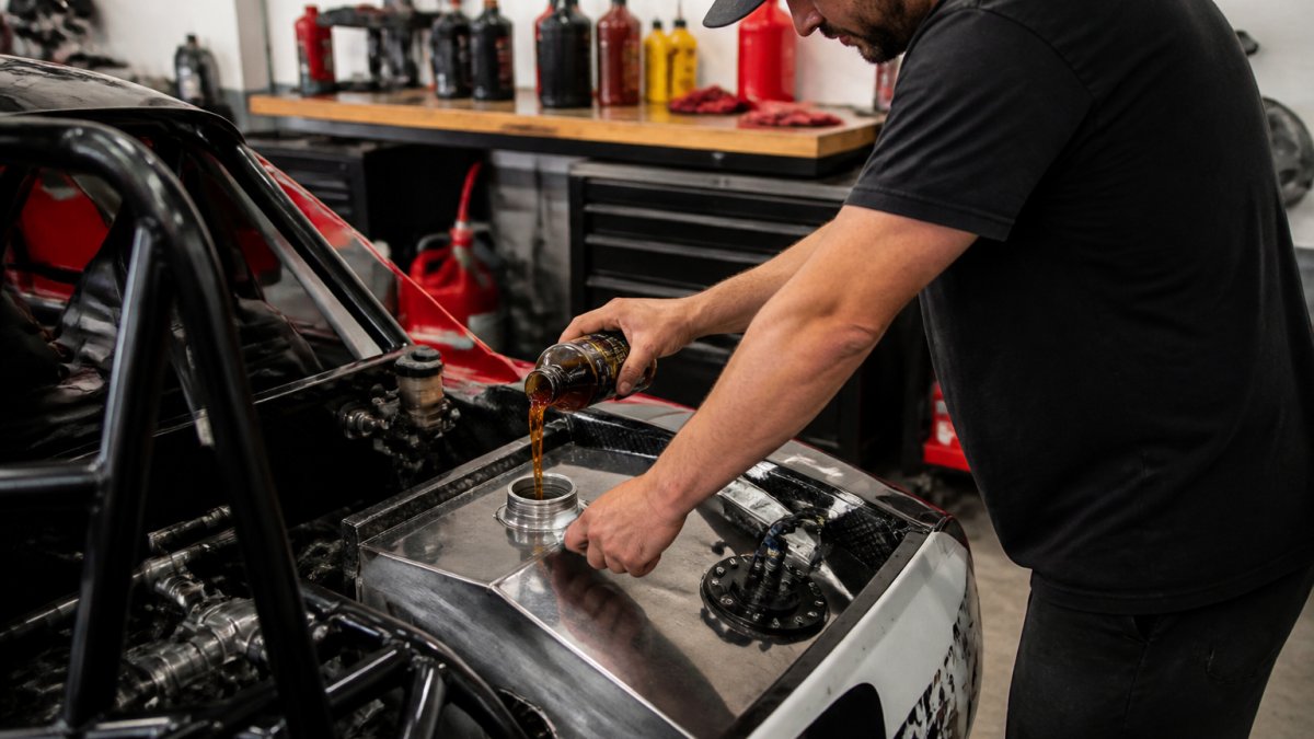 Mechanic pouring octane booster into the fuel tank of a race car in a pit garage setting