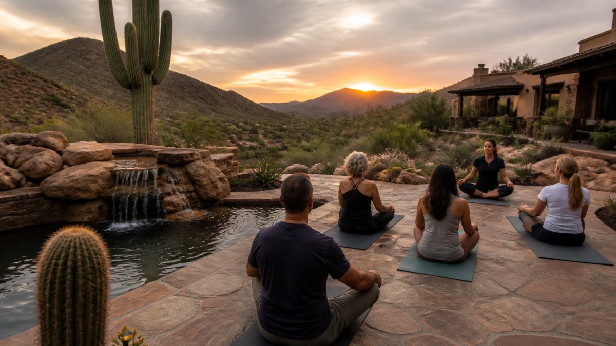 A serene sunrise over a secluded Sonoran Desert villa with a pool and waterfall, yoga mats set out on a stone patio facing rugged mountain foothills, saguaro cacti in the foreground