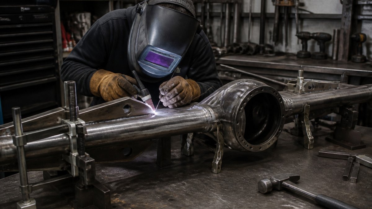 Fabricator in protective gear tacking a steel axle truss to a housing using a clamp fixture in a home garage shop