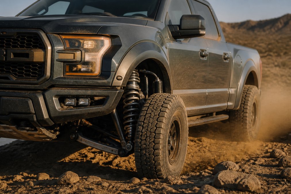 Dark gray truck parked on a dusty desert trail with visible high-performance suspension shocks